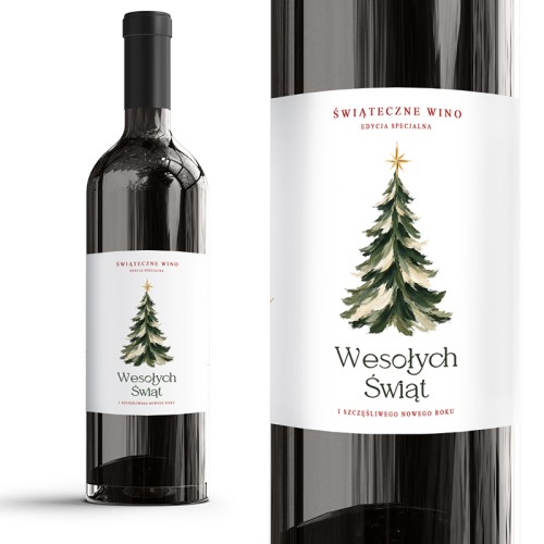 Biała etykieta samoprzylepna na butelce wina z malowaną choinką i napisem Świąteczne Wino Edycja Specjalna.