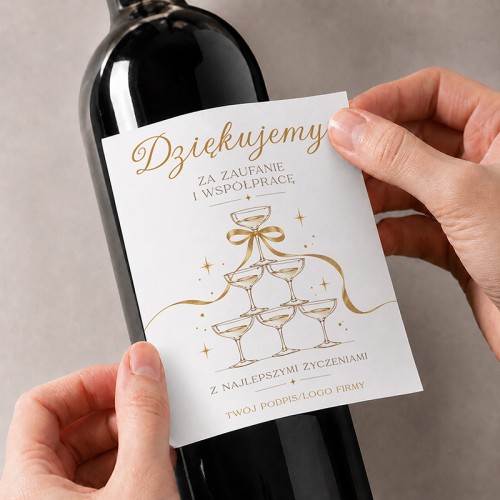 Personalizowana etykieta na wino z podziękowaniem za współpracę, kieliszkami i miejscem na logo firmy.