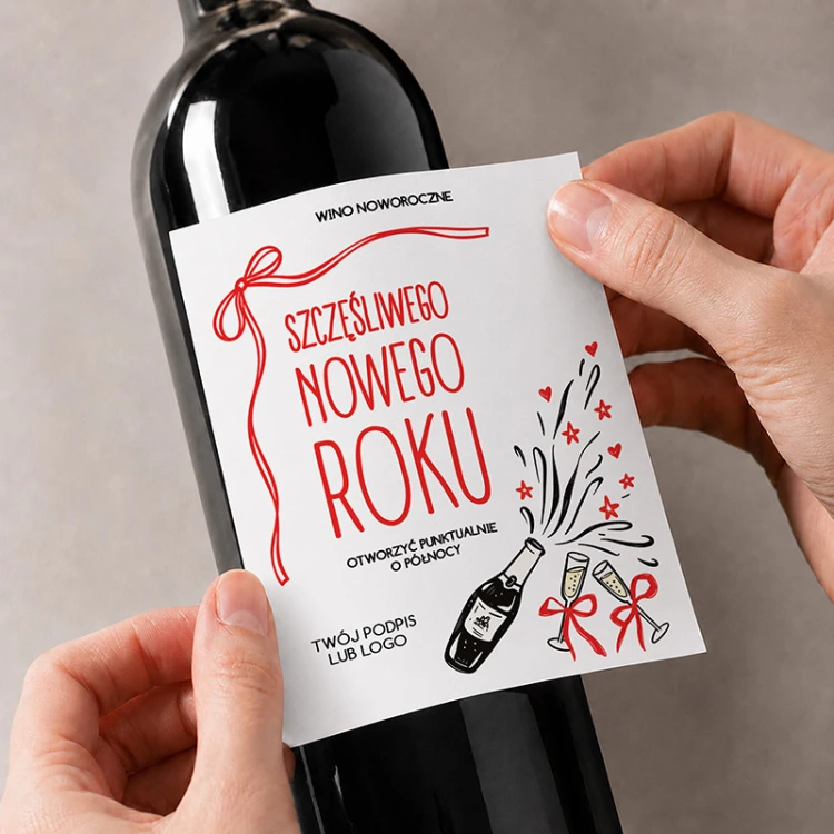 Noworoczna etykieta samoprzylepna na wino z życzeniami Szczęśliwego Nowego Roku, fajerwerkami i miejscem na logo firmy.