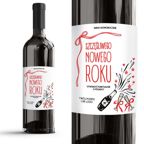 Noworoczna etykieta samoprzylepna na butelce wina z czerwonym napisem Szczęśliwego Nowego Roku, fajerwerkami i miejscem na logo firmy.