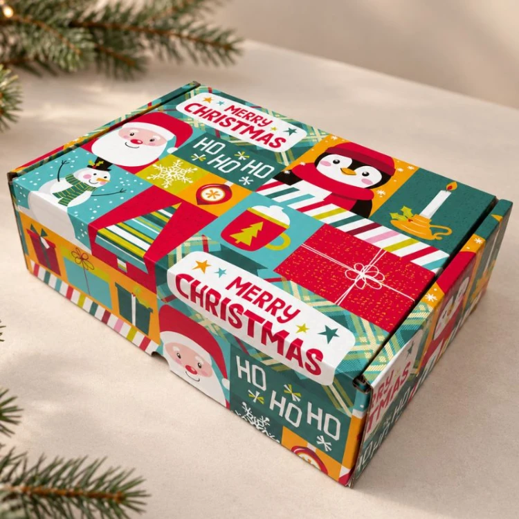 Gotowy prezent pod choinkę dla chłopca znajduje się w kolorowym pudełku z pingwinkiem, śnieżynkami i napisem „Merry Christmas”.