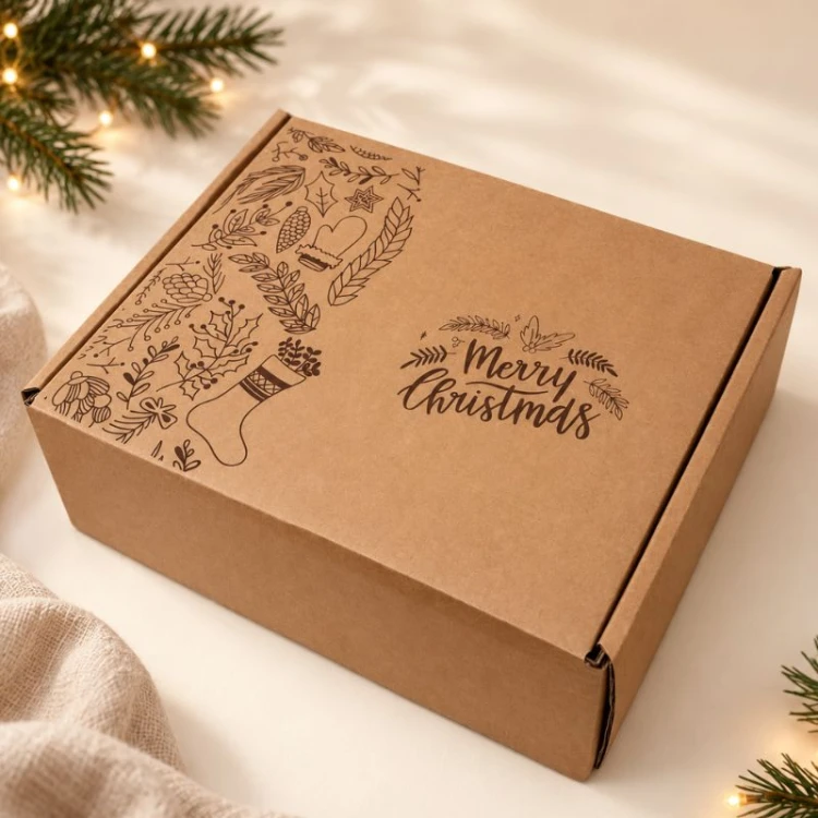 Kraftowe pudełko prezentowe z nadrukiem Merry Christmas jako opakowanie świątecznej paczki dla dziecka.
