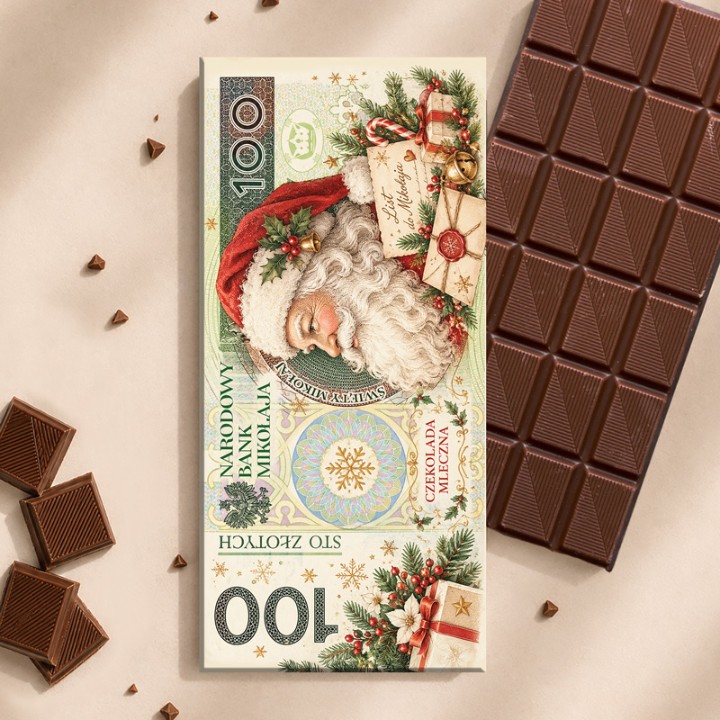 Mleczna czekolada świąteczna w pudełku stylizowanym na banknot z wizerunkiem Świętego Mikołaja.