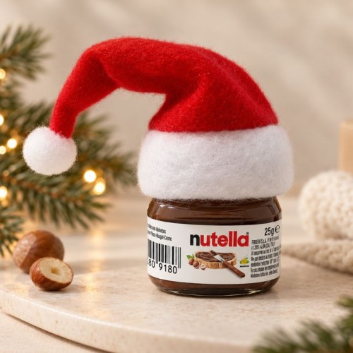 Świąteczna Nutella Mini 25 g w czerwonej czapce Mikołaja z białym pomponem, słodki prezent na Mikołajki.