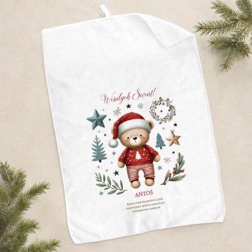 Personalizowany ręcznik świąteczny dla dziecka z misiem i imieniem.