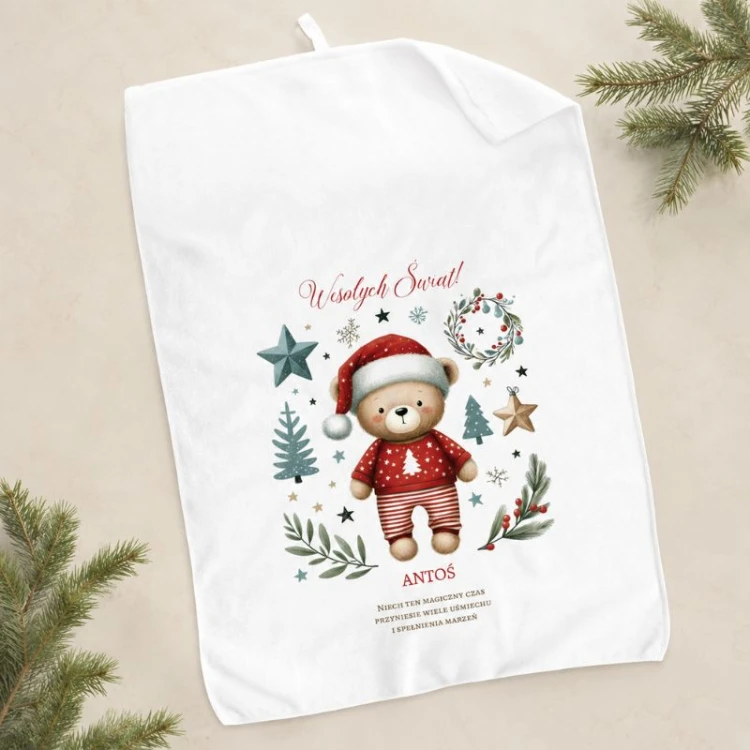 Personalizowany ręcznik świąteczny dla dziecka z misiem i imieniem.