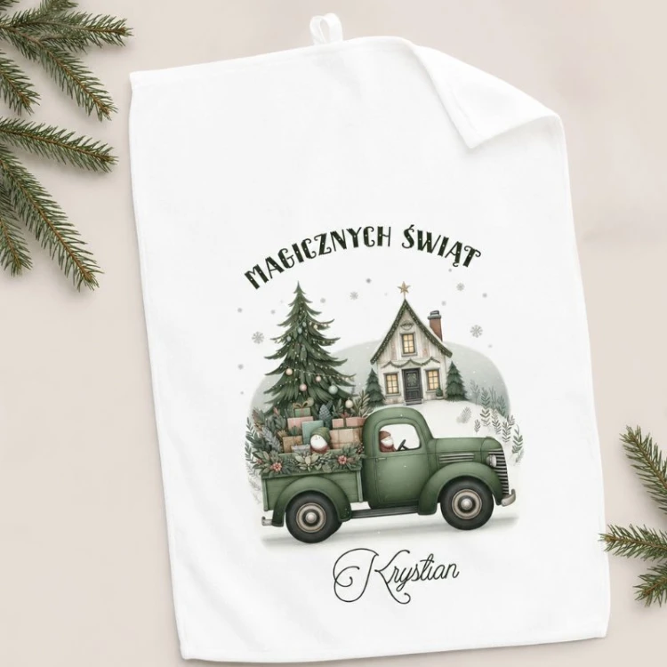 Personalizowany ręcznik świąteczny z samochodem, prezentami i imieniem.