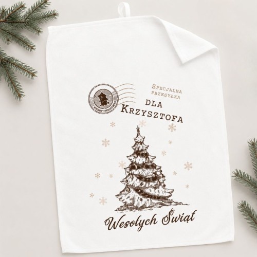 Personalizowany ręcznik świąteczny z imieniem i choinką.
