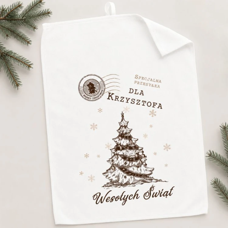 Personalizowany ręcznik świąteczny z imieniem i choinką.