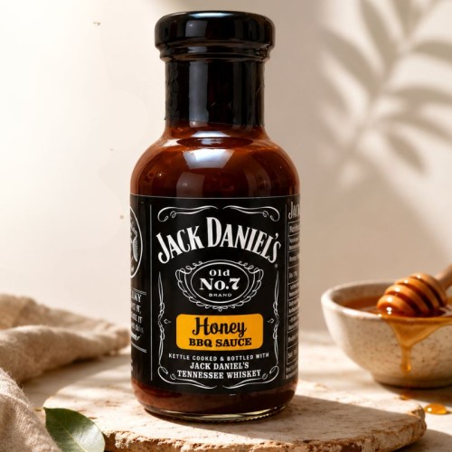 Sos BBQ Jack Daniel's Honey o smaku miodowym w szklanej butelce.