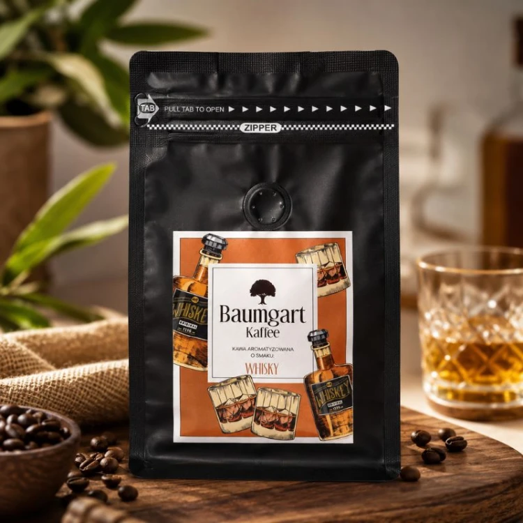 Kawa aromatyzowana o smaku whisky w eleganckim czarnym opakowaniu premium.
