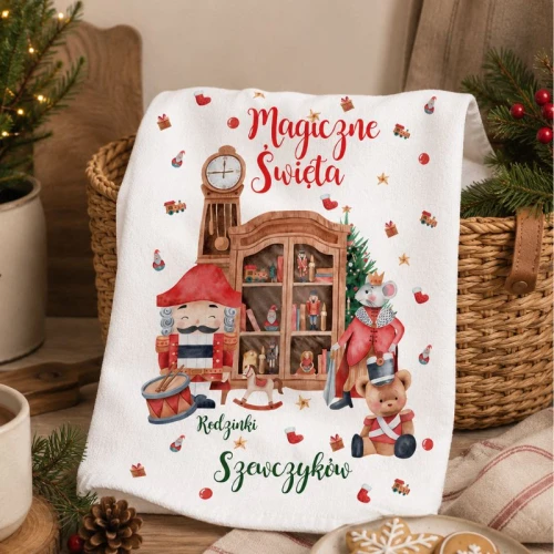 Personalizowany ręcznik kuchenny z motywem świątecznym i nazwą rodziny