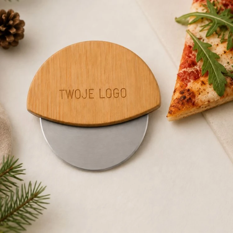 Nóż do pizzy z grawerem logo firmy wykonany z bambusa i stali nierdzewnej