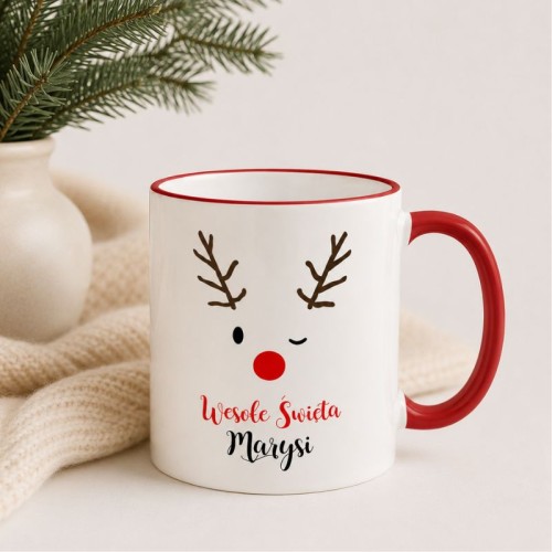 Kubek świąteczny z reniferem i imieniem personalizowany prezent pod choinkę