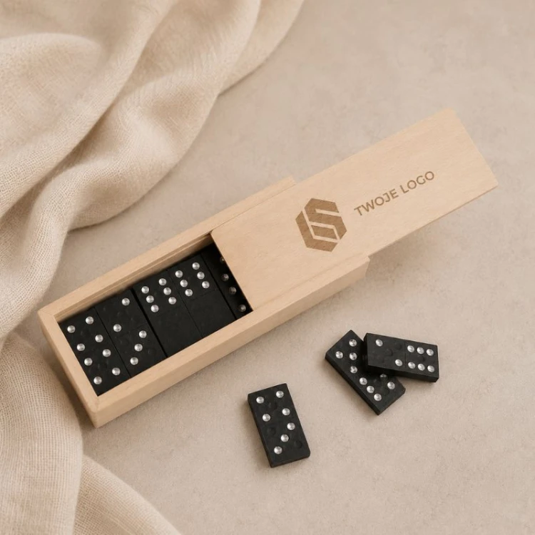 Drewniane domino z grawerem logo firmy w eleganckim pudełku