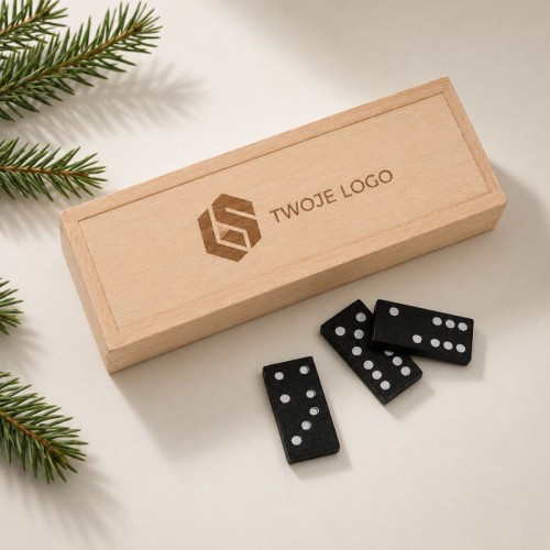Drewniane domino z grawerowanym logo firmy w eleganckim pudełku