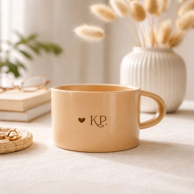 Personalizowany beżowy kubek z inicjałami.