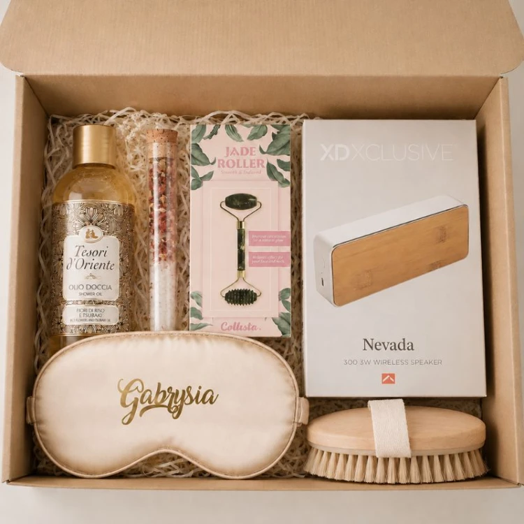 Ekskluzywny zestaw prezentowy dla kobiety z personalizowaną opaską, głośnikiem i akcesoriami SPA.