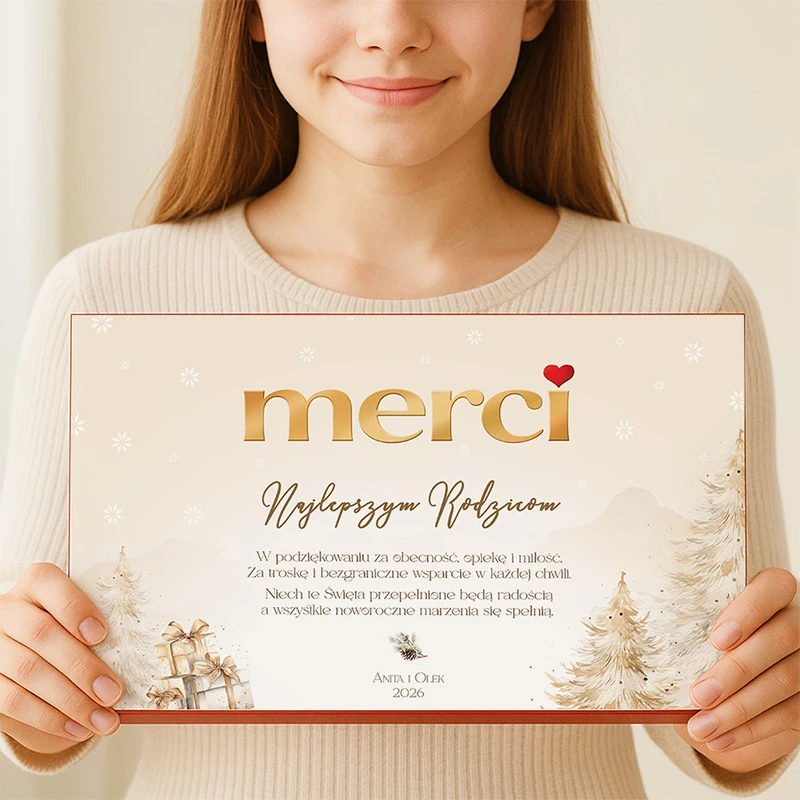 Bombonierka Merci z personalizowanym podziękowaniem i życzeniami świątecznymi