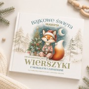 Personalizowana książka świąteczna z imieniem dziecka i zimową ilustracją lisa w czapce Mikołaja.