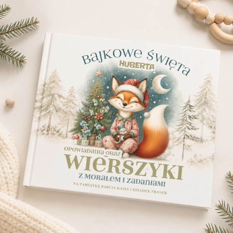 Personalizowana książka świąteczna z imieniem dziecka i zimową ilustracją lisa w czapce Mikołaja.