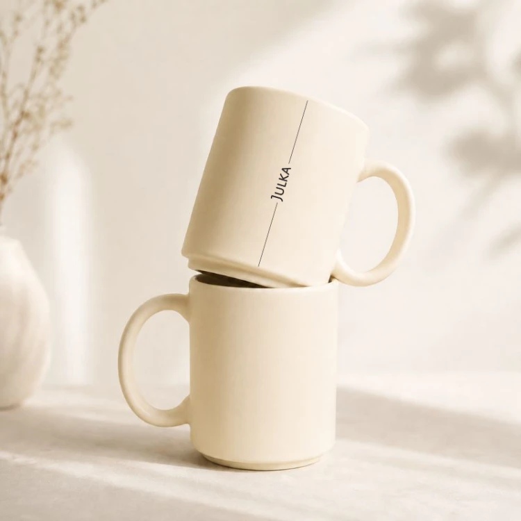 Personalizowany kremowy kubek ceramiczny z imieniem.