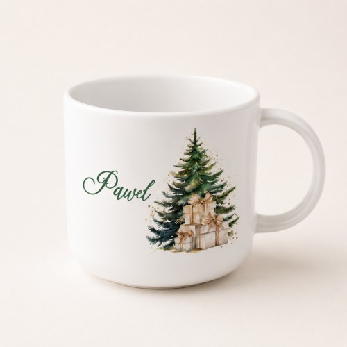 Personalizowany kubek świąteczny dla dziecka z choinką i prezentami to wyjątkowy upominek.