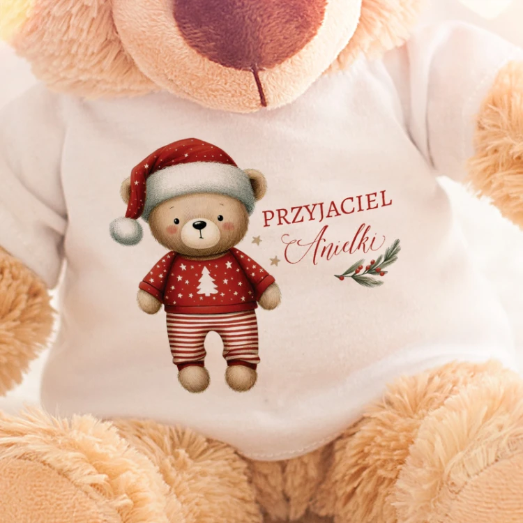 Personalizowany miś z koszulką i świątecznym nadrukiem to idealny prezent pod choinkę.