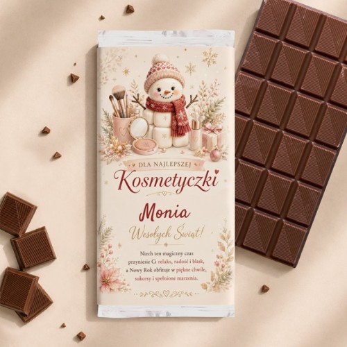 Personalizowana świąteczna czekolada dla kosmetyczki to elegancki słodki prezent z życzeniami na Boże Narodzenie.
